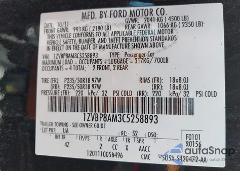 2012 Ford Mustang V6 Premium из США, поврежденный, VIN 1ZVBP8AM3C5258893